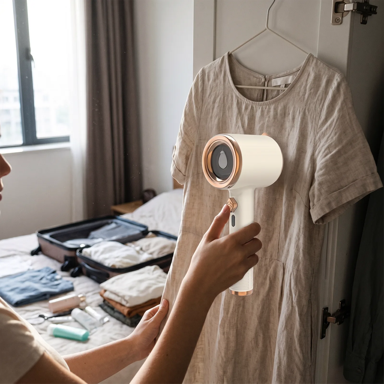 The steamer refreshing a hanging shirt